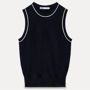 Zara Basic Knit Top With Contrasting Piping In Navy Blue Size XL NWT